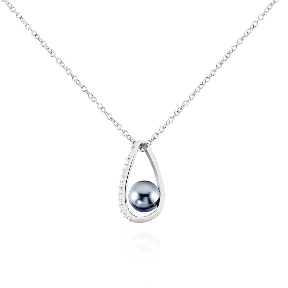 Collier Polynesie Argent Blanc Perle D'imitation Et Oxyde De Zirconium