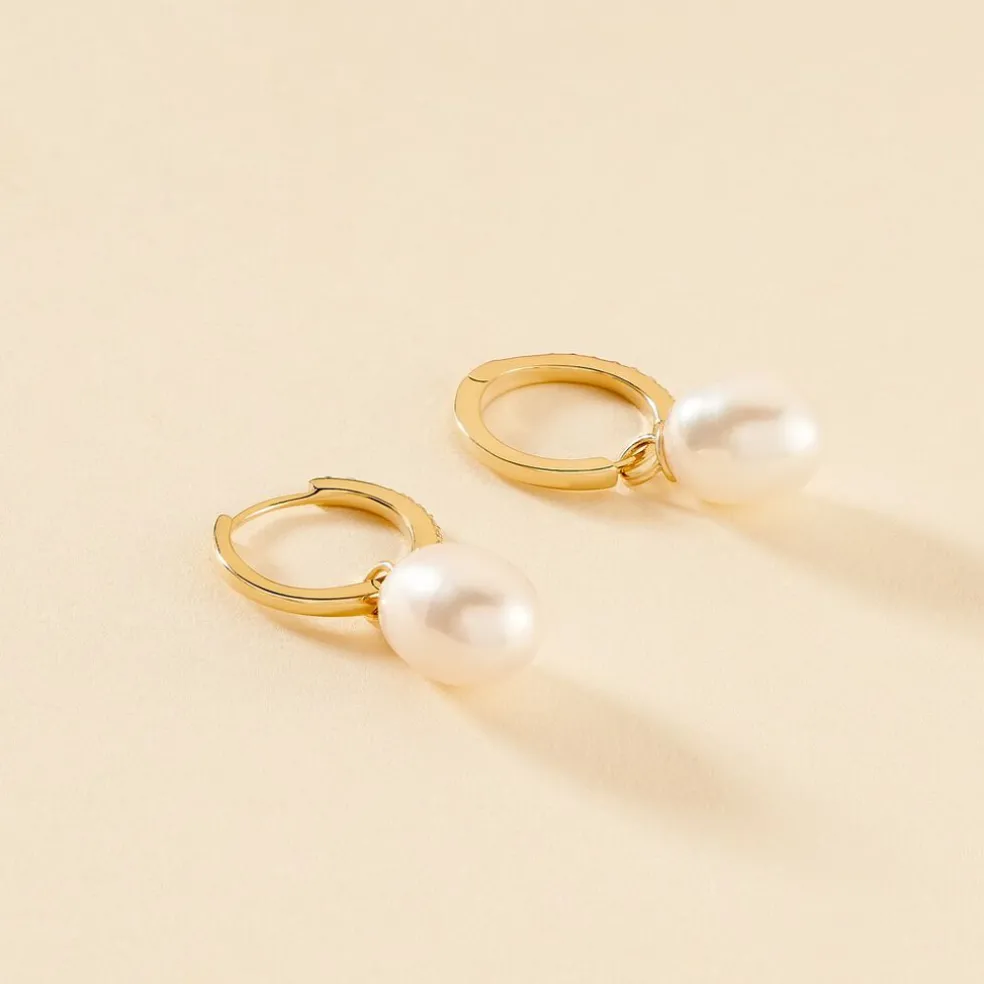 Créoles Anes Poire Or Jaune Perle De Culture Et Oxyde De Zirconium