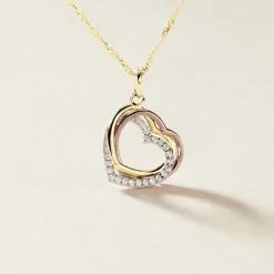 Pendentif Coeur Penche Double Or Tricolore Oxyde De Zirconium